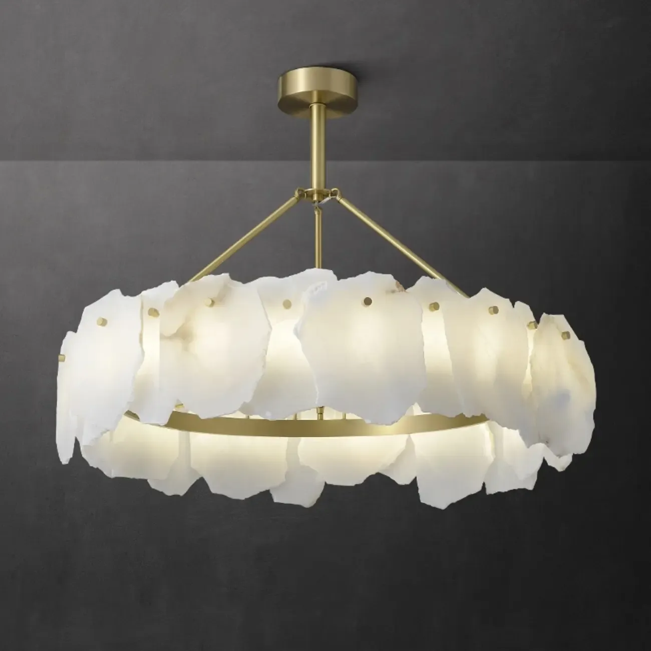 Brass Downrod Circular White Alabaster Chandelier
