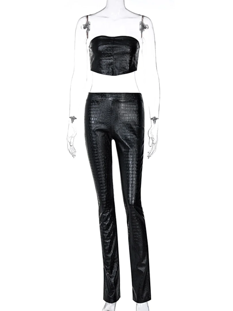 Hulianfu Sleeveless Solid Pu Leather Backless Tube Top Leggings 2 Pieces Set Autumn Winter Women Sexy Streetwear Tracksuit - Deanwangkt