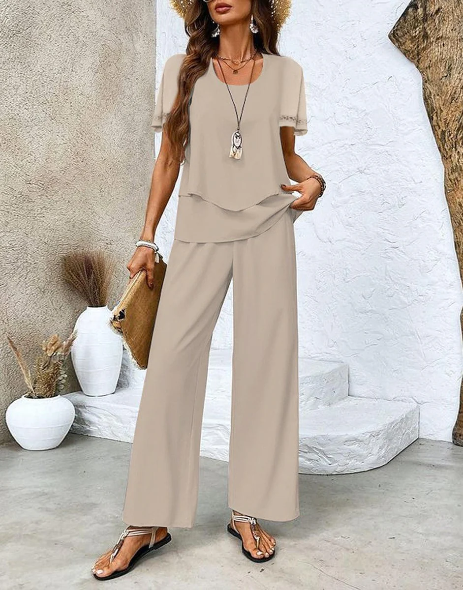 Brown Round Neck Short Sleeve Two Piece Set