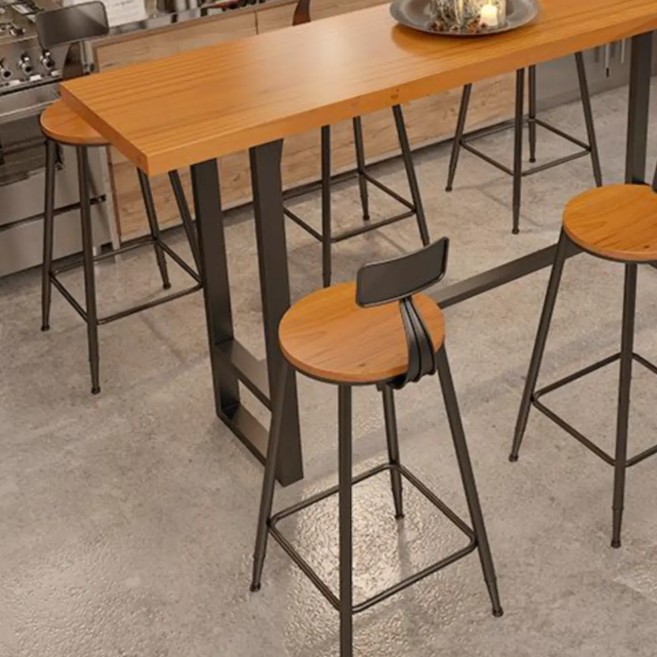 Industrial Wood Bar Table Set with Black Metal Base