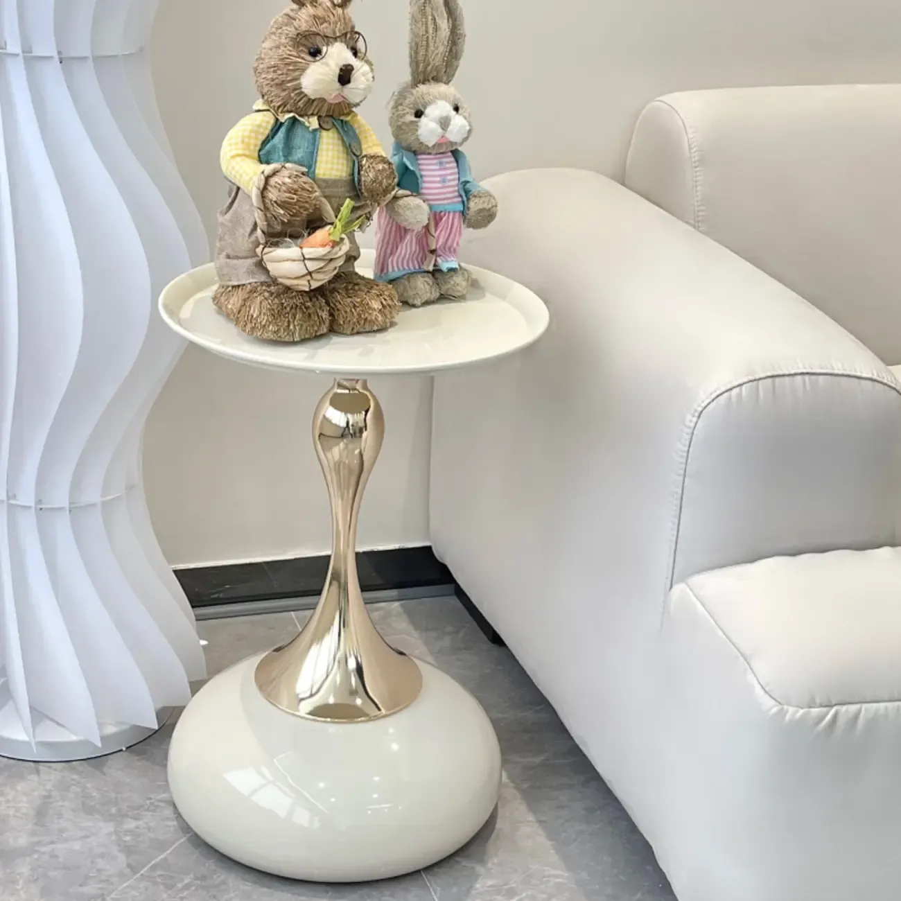 Walnut Steel Round End Table with Abstract Base