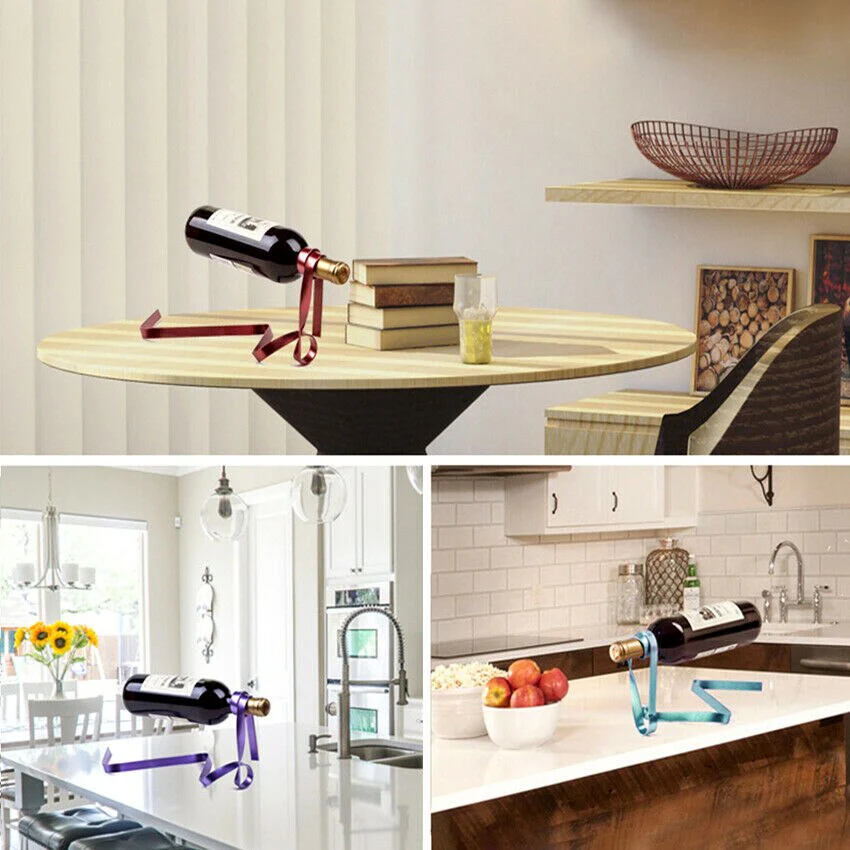 HULIANFU Magic Floating Colored Ribbon Wine Bottle Holder Rack Stand Bracket Art Decor Stand Holder Kitchen Dining Room Cellar Bar Decor - Deanwangkt