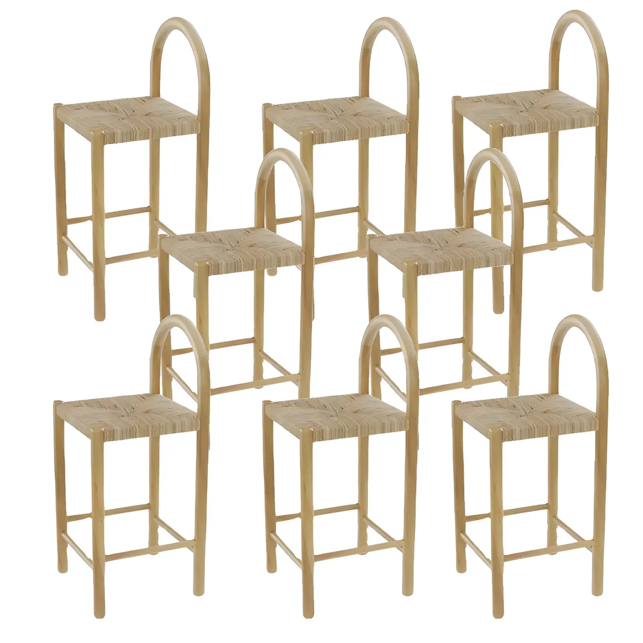 Rustic Wood Natural Rattan Bar Stool with Footrest