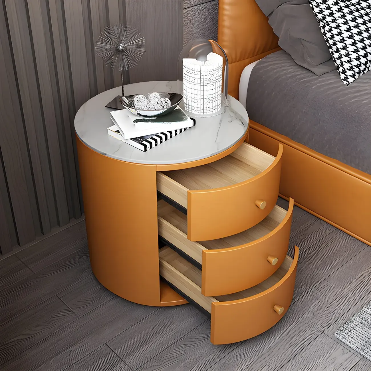 Modern Faux Leather Round Bedside Table with Two Drawers in Grey