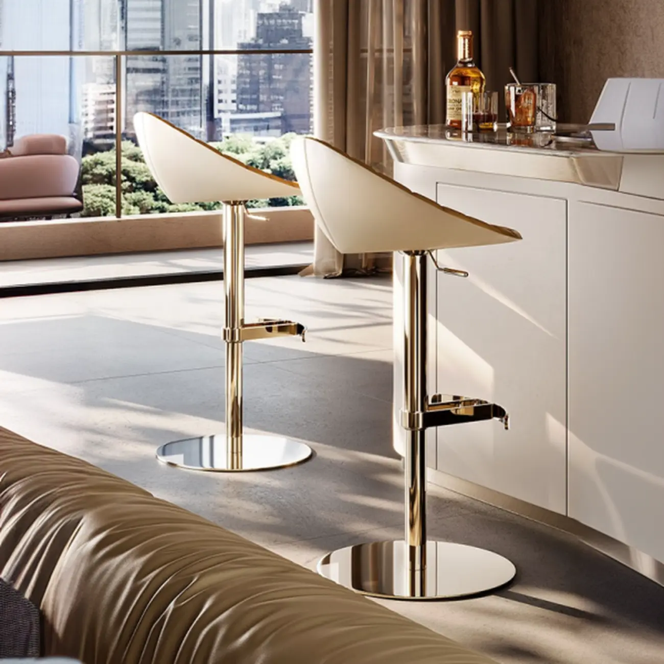 Luxury Adjustable Height Leather Bar Stool Gold Pedestal