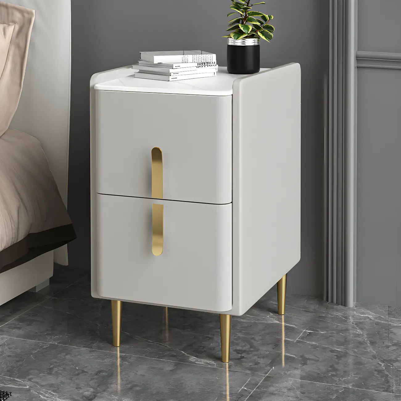 Glam Night Table with 2 Drawers – Off-White Finish