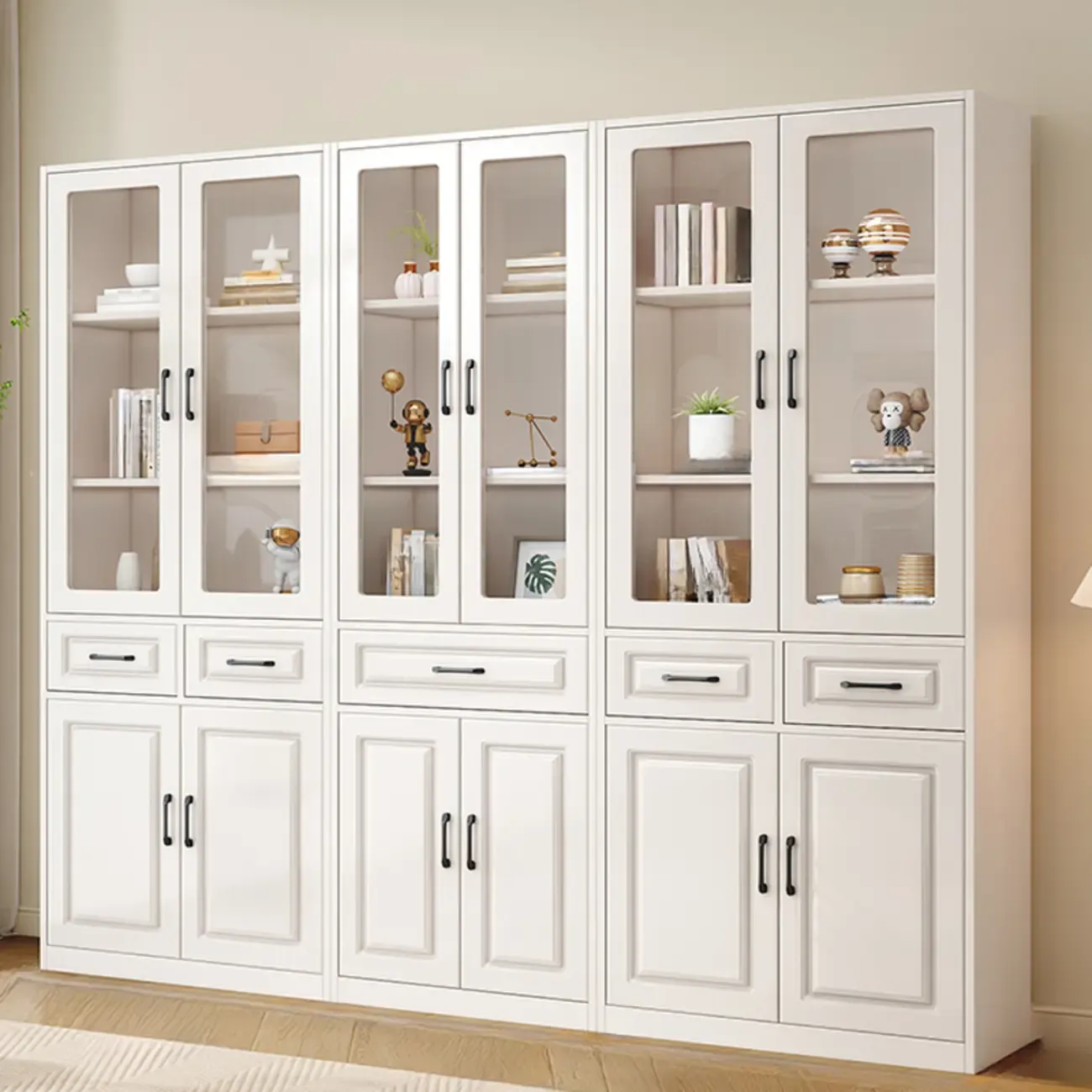Rectangular White Wood Vertical Display Bookcase with Drawers