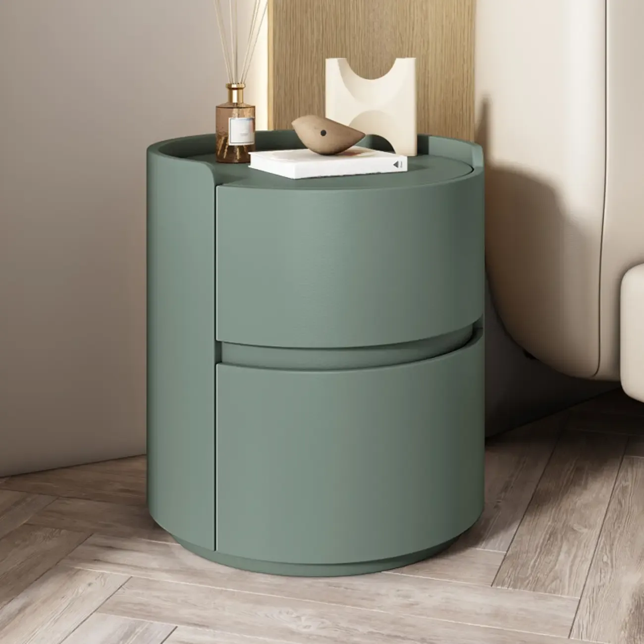Modern Leather Tray Round 2-Drawer Nightstand