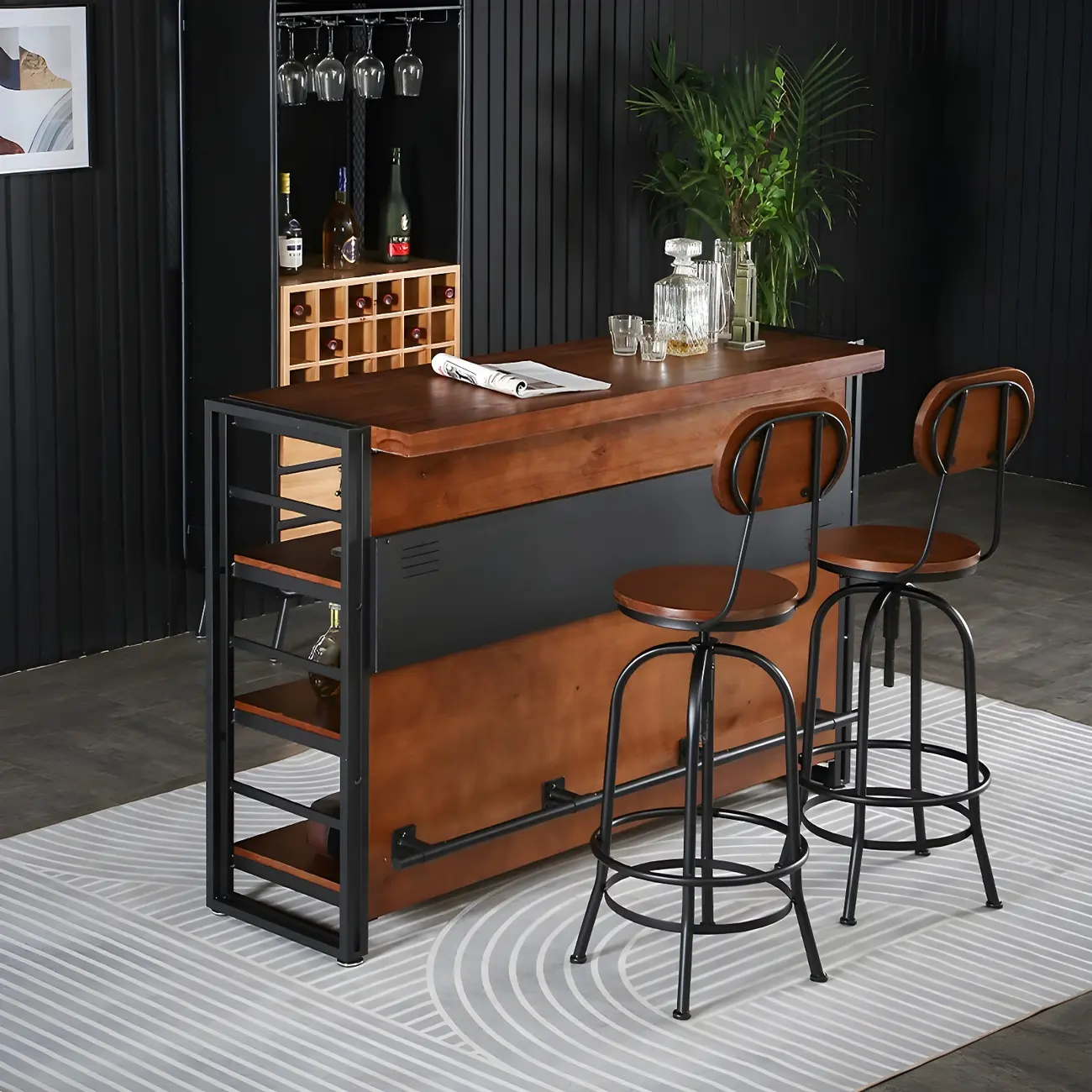 Industrial Brown Wooden Metal Shelf Storage Bar Tables