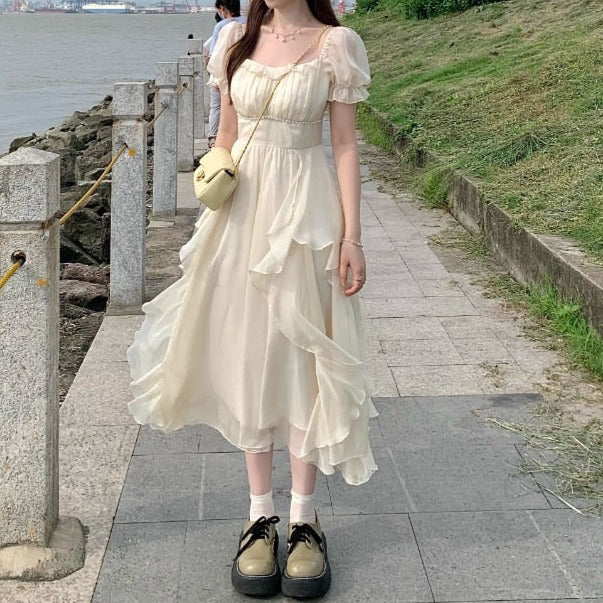 Hulianfu Vinatge Sweet French Midi Dresses Women Casual Short Sleeve Beading Chiffon Dress Elegant Female Party One Piece Dress Korean - Deanwangkt