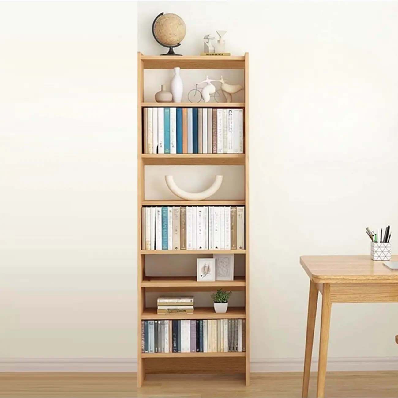 Natural Narrow Multi-Layer Open Back Wooden Bookshelf
