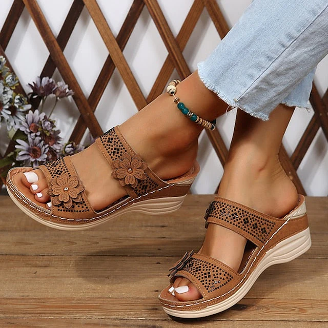 Women's Sandals Boho Bohemia Beach Wedge Sandals Comfort Shoes Outdoor Daily Beach Summer Flower Wedge Heel Round Toe Open Toe Casual Minimalism Walking Shoes PU Leather Faux Leather Loafer Solid - Deanwangkt