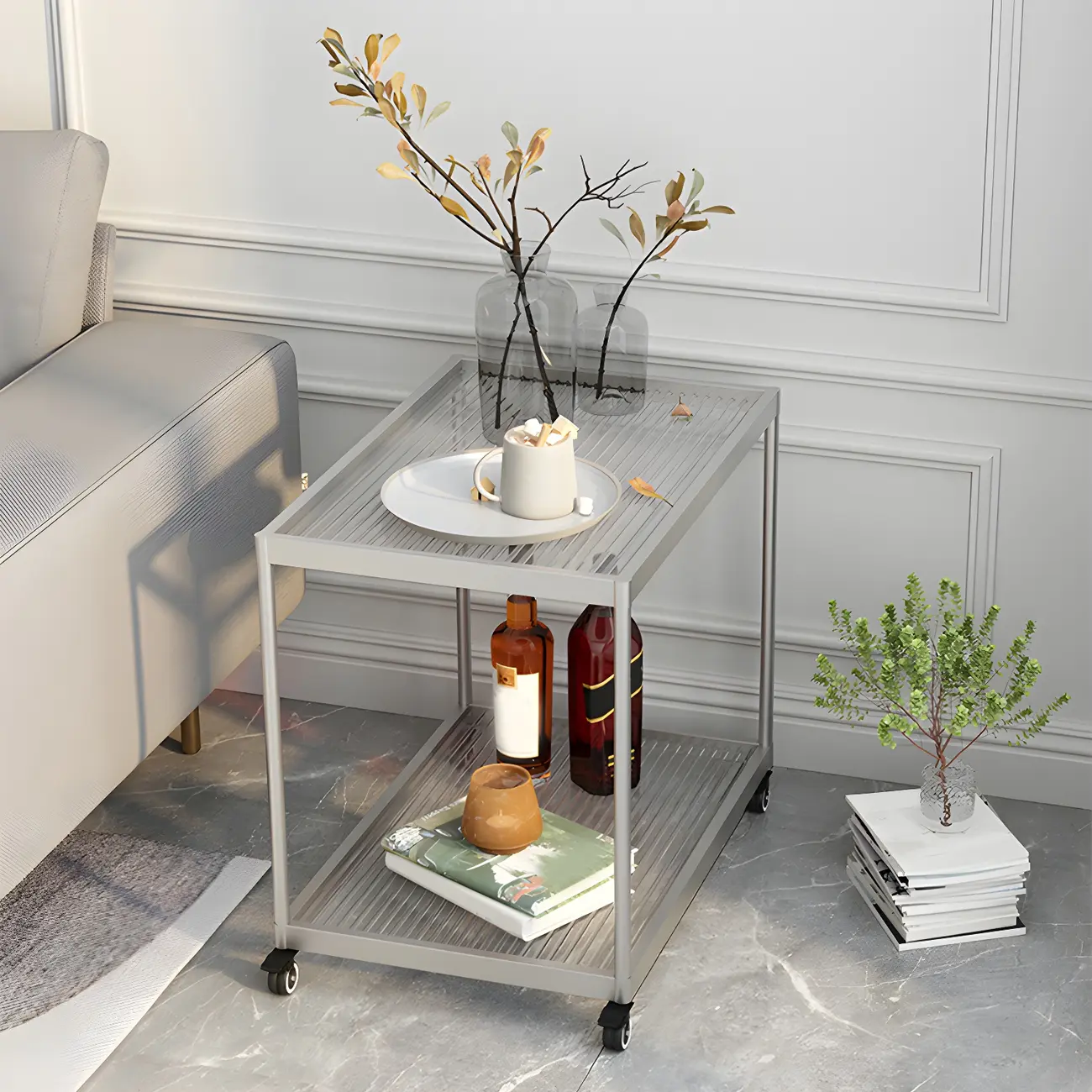 Gold Glass Rectangular Top Shelf Side Table on Wheels