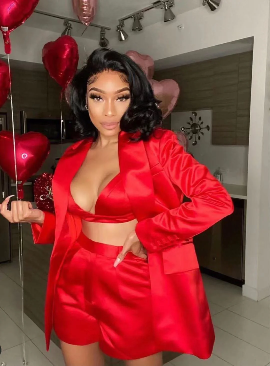 High Quality Red Satin Three Pieces Bandage Suit Sexy Long Sleeves Celebrity Fashion Party Club Blazer Coat Crop Tops Short Set - Deanwangkt