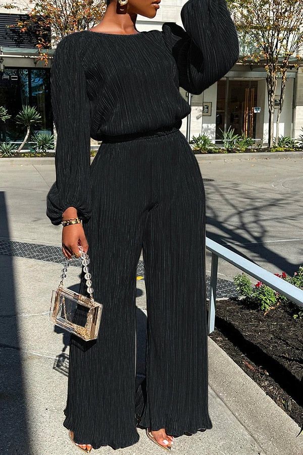 Two Piece Pleated Outfits for Women Casual Crewneck Long Sleeve Loose Fit Top and Wide Leg Palazzo Pant Suit Tracksuit - Deanwangkt