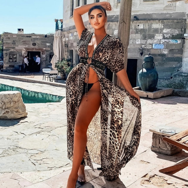 Leaves Print Bikini Beach Cover up Tunics for Beach Long Kaftan Bikini Cover up Robe de Plage Sarong Beach Swimsuit cover-ups - Deanwangkt