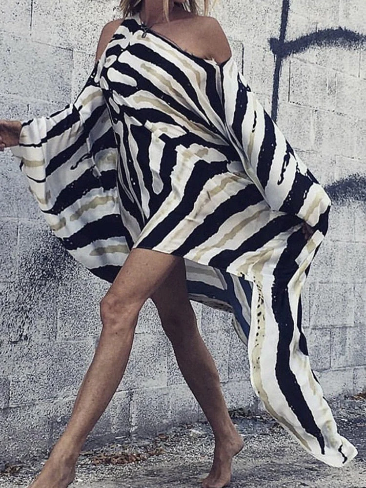 Summer Print Beach Dress Women Off Shoulder Cover-Ups Fashion Long Pareos Oversized Boho Dress Loose Swimsuit Cover-Ups Robe - Deanwangkt