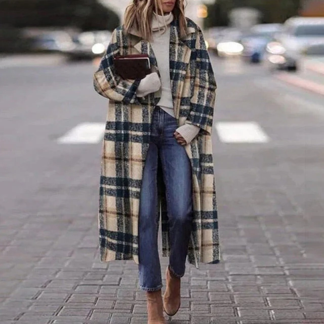 Hulianfu Fashion Casual Long Sleeve Winter Women Warm Jackets Vintage Printed Tweed Long Cardigan New Lady Elegant Lapel Pocket Outerwear - Deanwangkt