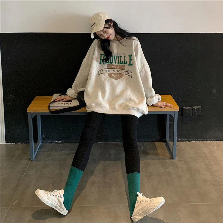 Autumn Women Fleece Letter Printed Pullover Sweatshirt Long Sleeve Casual Sports Lady Oversized Hoodie Korean Fashion - Deanwangkt
