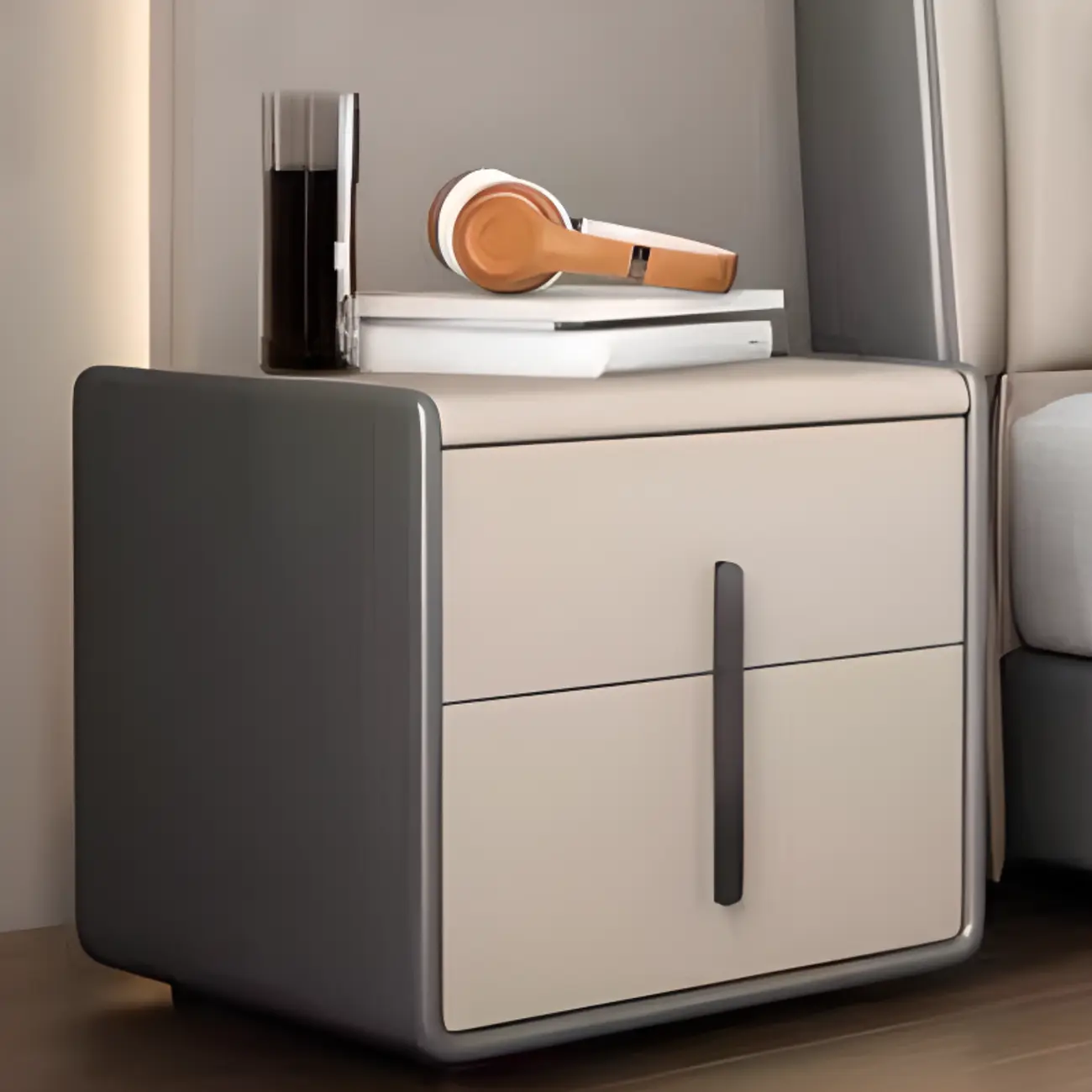 Modern Leather Top Wood 2-Drawer Nightstand