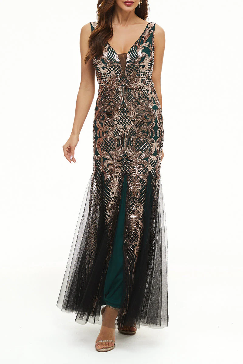 hulianfu Elegant College Patchwork Sequins V Neck Evening Dress Dresses - Deanwangkt
