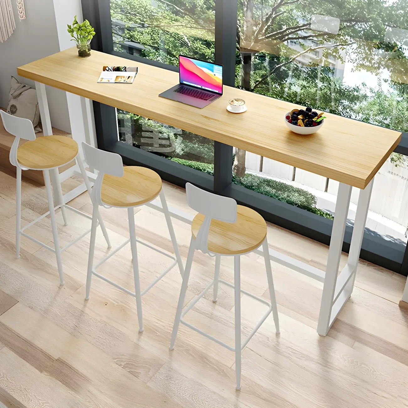 Modern Rustic Pine Wood Top Iron Base Bar Table