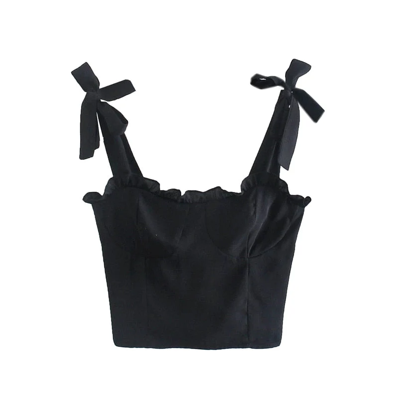 Hulianfu Lace-up Slim-Fitting Edible Tree Fungus Folds Summer New Women Black Elastic Sling Ruffle Camisole Crop Top Zipper - Deanwangkt