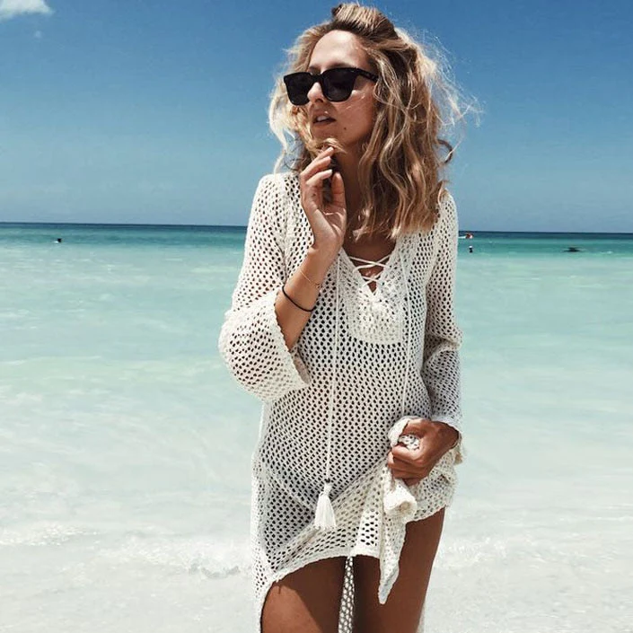 Sexy Cover Up Bikini Women Swimsuit Cover-up Beach Bathing Suit Beach Wear Knitting Swimwear Mesh Beach Dress Tunic Robe - Deanwangkt