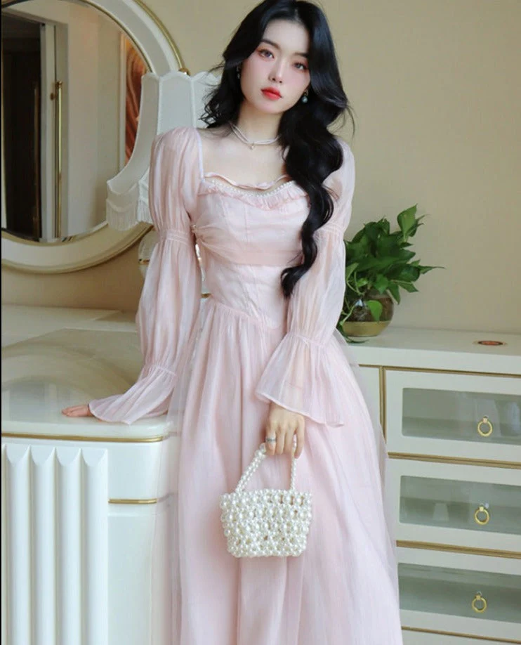 Hulianfu Elegant Evening Party Midi Dress Women Bubble Sleeve French Vintage Sweet Dress Female Pink Korean Style Fairy Dress Autumn - Deanwangkt