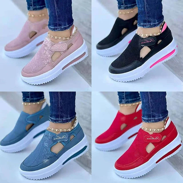 Women's Slip-Ons Pink Shoes Plus Size Platform Sneakers Outdoor Daily Summer Platform Round Toe Sporty Casual Walking Shoes Polyester Synthetics Magic Tape Solid Color Black Pink Red - Deanwangkt