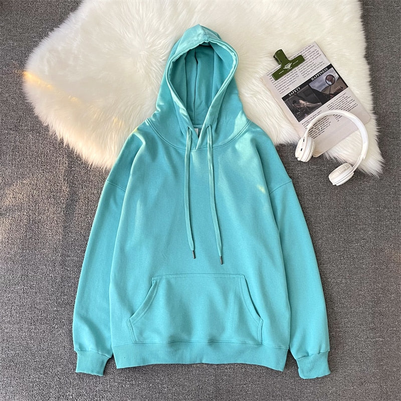 hulianfu Woman's Sweatshirts Solid Drop Shoulder Korean Female Hooded Pullovers  Thicken Warm Oversized Hoodies Women - Deanwangkt
