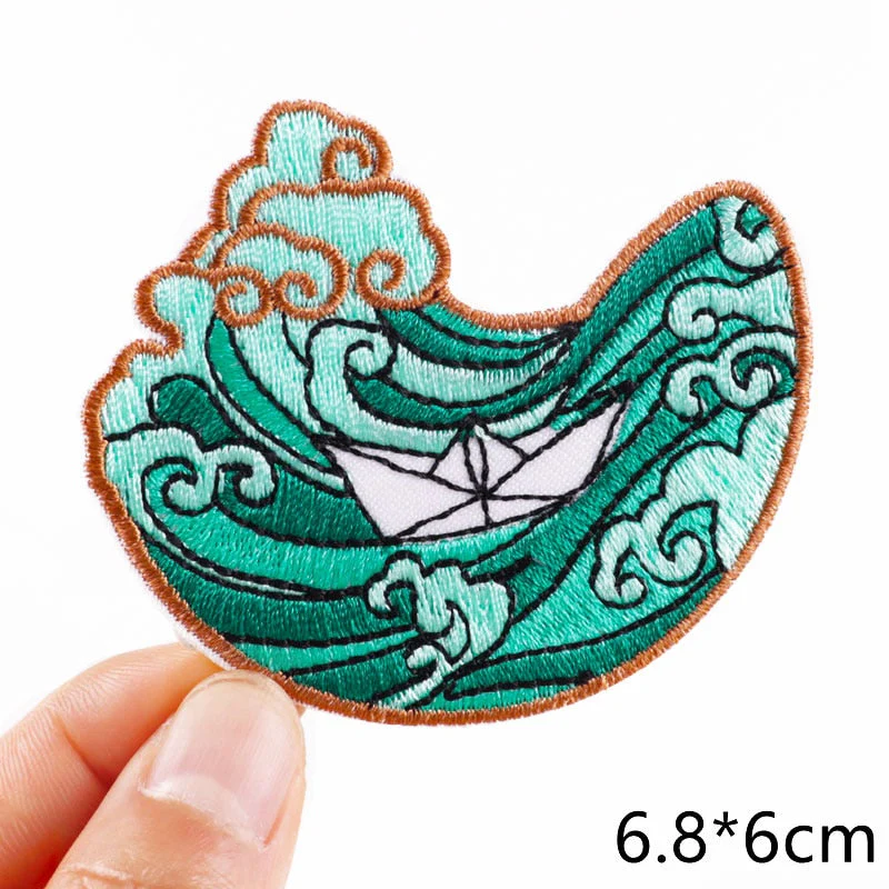 HULIANFU Van Gogh Embroidered Patches on Clothes DIY Cartoon Wave Applique Clothing Thermoadhesive Patches for Clothing DIY - Deanwangkt