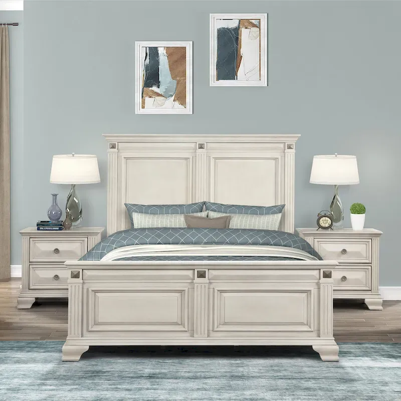 Roundhill Furniture Renova 3-Piece Distressed Parchment Wood Bedroom Set, Panel Bed with 2 Nightstands