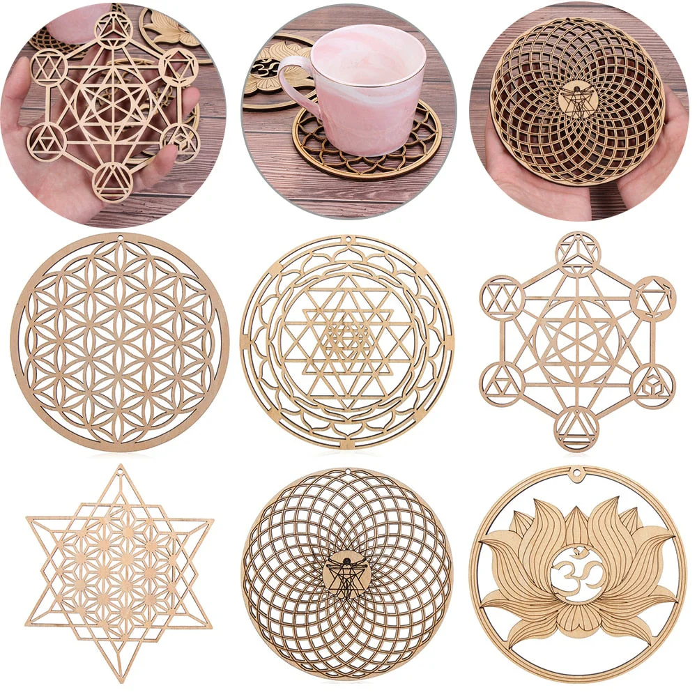 HULIANFU Log Color Chakra Pattern Round Edge Circles Carved Wooden Stand Coaster Flower of life Reload Stone Kitchen Hot Pad Mat Decor - Deanwangkt