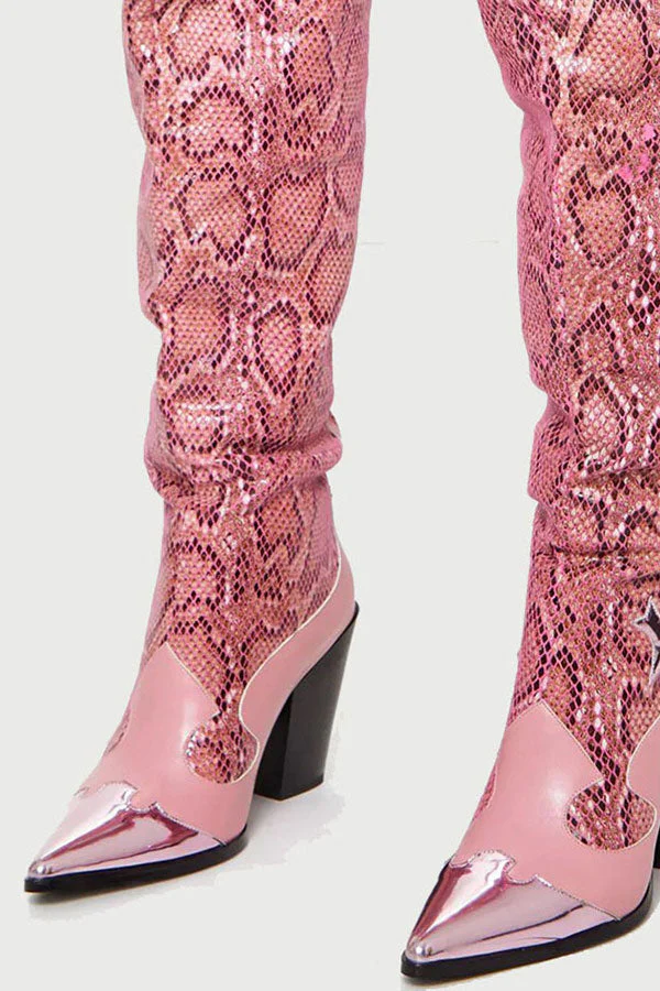 hulianfu Pink Snake Print Patchwork Modern Boots - Deanwangkt