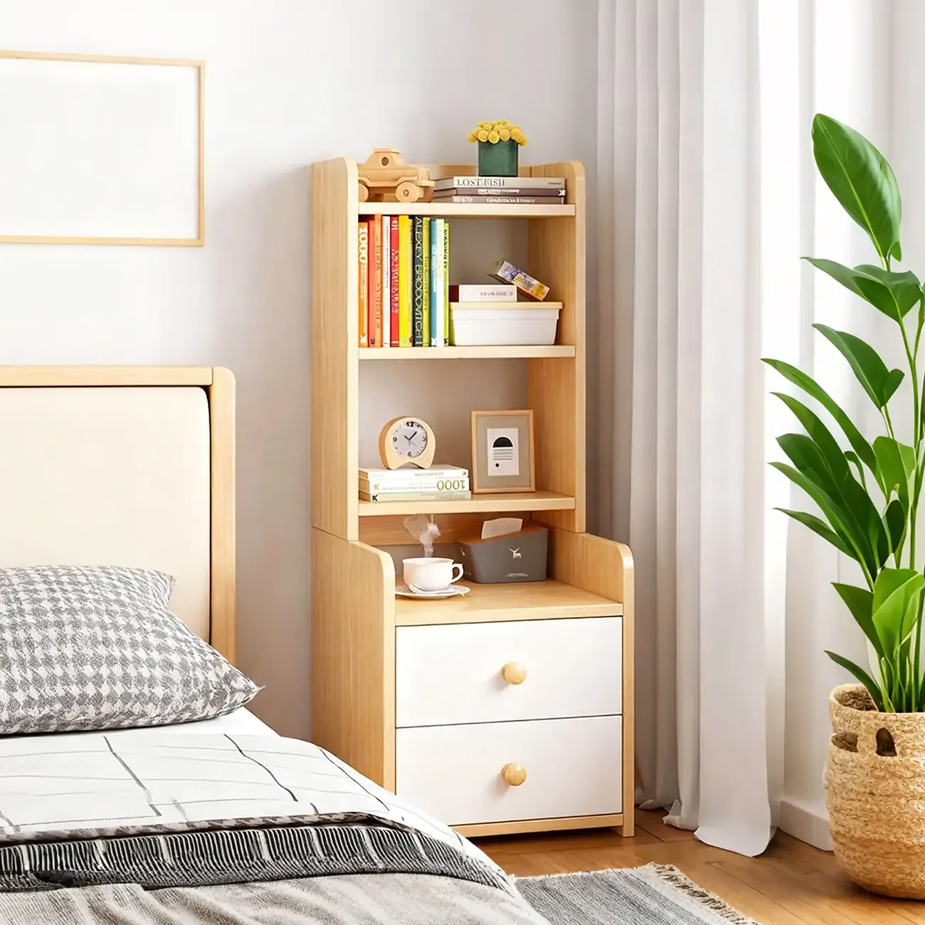 Modern Tall Wood Spacious Shelves 2-Drawer Nightstand