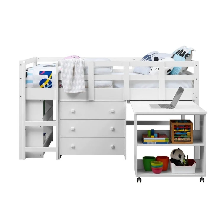 Twin Size Low Loft Bed with Desk and Storage - Kids Pine Wood Loft Bed with Cabinet and Study Space