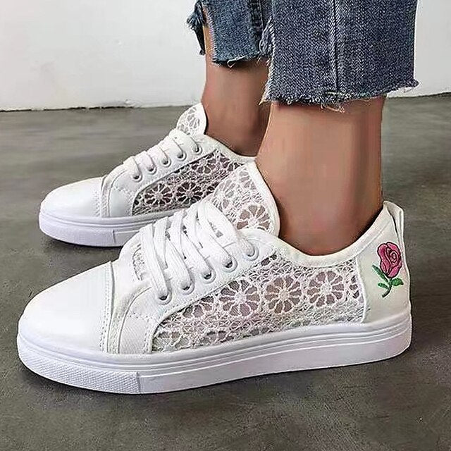 Women's Sneakers Canvas Shoes White Shoes Outdoor Daily Summer Flower Flat Heel Round Toe Casual Minimalism Walking Shoes Mesh Lace-up Embroidered White - Deanwangkt