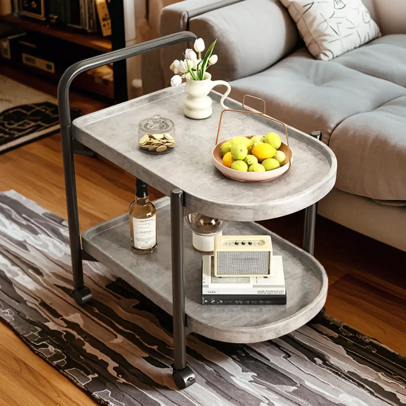 Modern 2-Tier Wood Round Coffee Table with Wheels, Tray