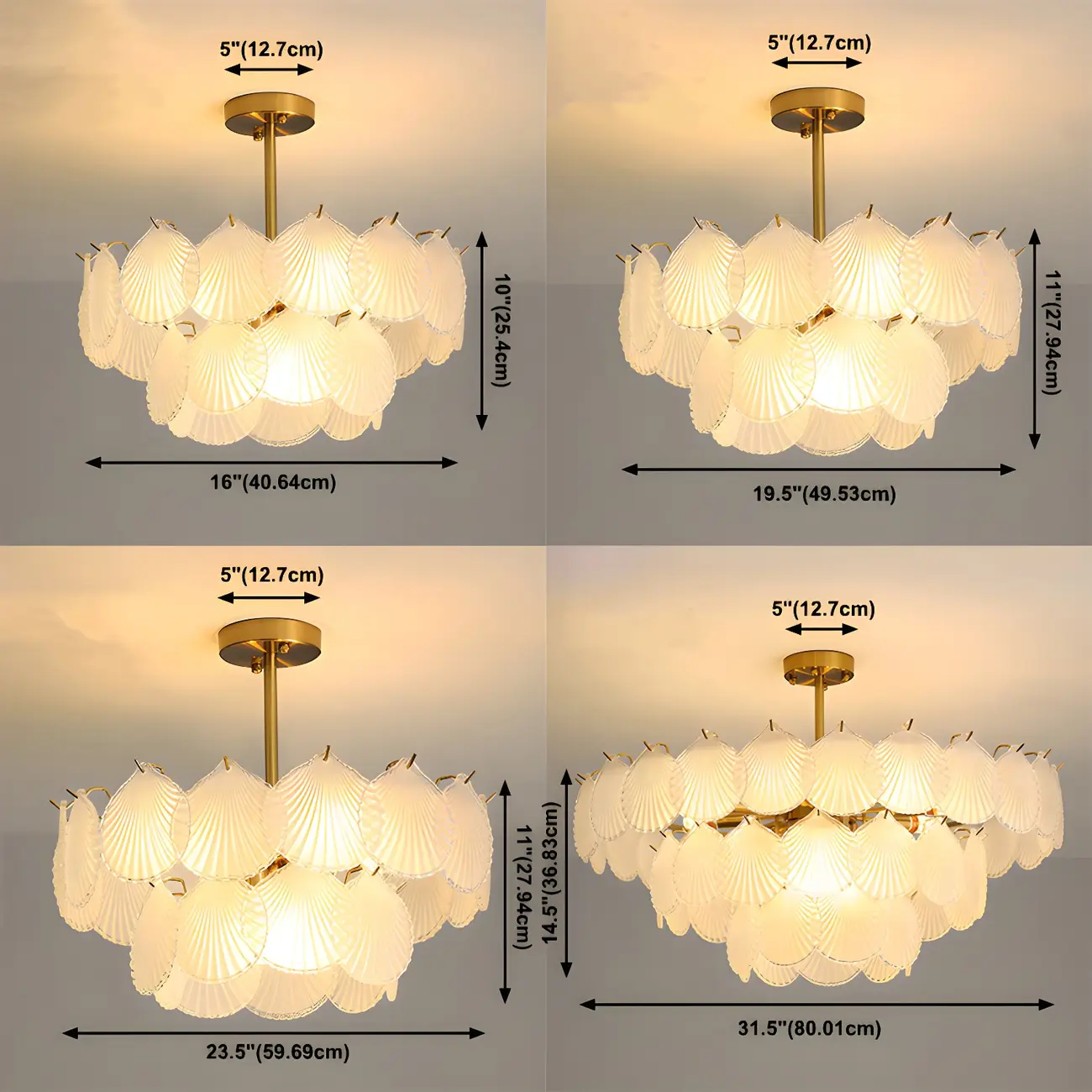 Adjustable Elegant Gold Unique Layered Scallop Glass Chandelier