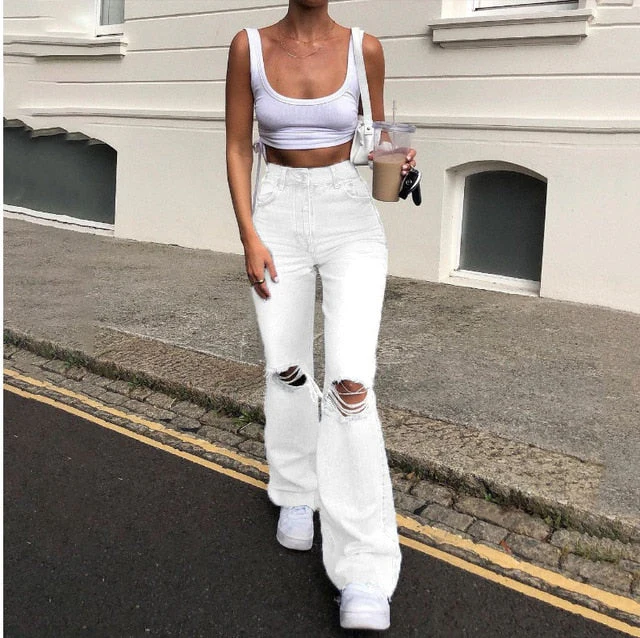 Hulianfu new style micro-bladed jeans women's ripped European and American high-waisted wide-leg flared trousers all-match loose - Deanwangkt
