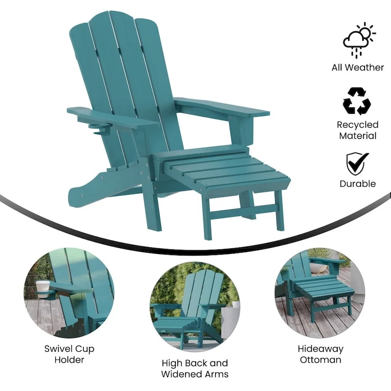 Commercial All-Weather Adirondack Chair with Pullout Ottoman & Cupholder
