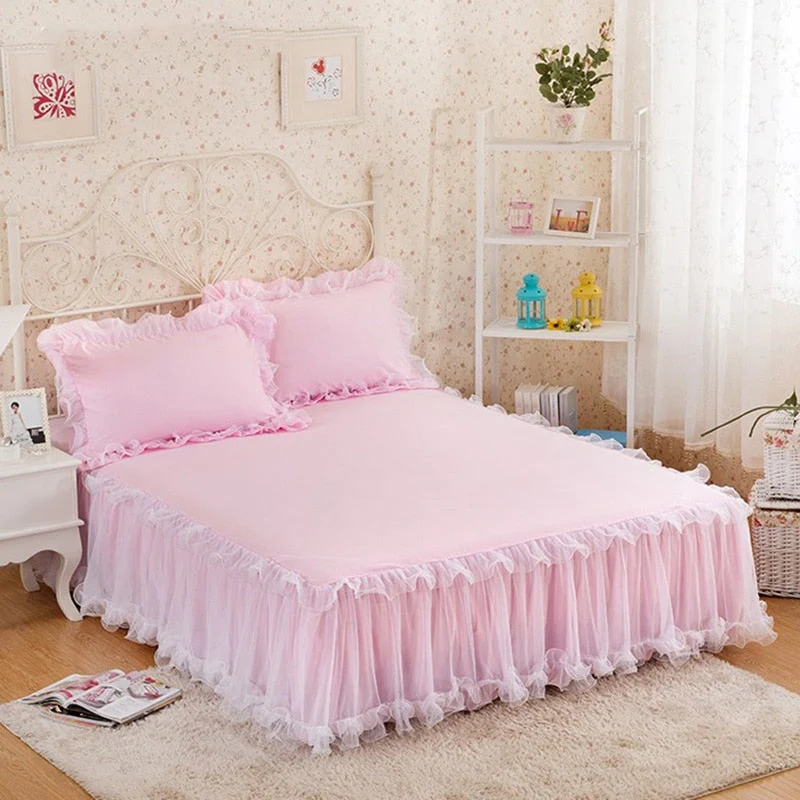 HULIANFU Pink Lace Lotus Leaf Lace Bed Skirts Princess Style Solid Color Bedspread Bed Cover Non-Slip Sheets Without Pillowcase - Deanwangkt