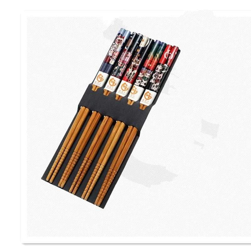 HULIANFU Reusable 5 Pair Set Handmade Bamboo Japanese Natural Wood Chopsticks Sushi Food Cat Flower Multi color Wooden Chop sticks - Deanwangkt