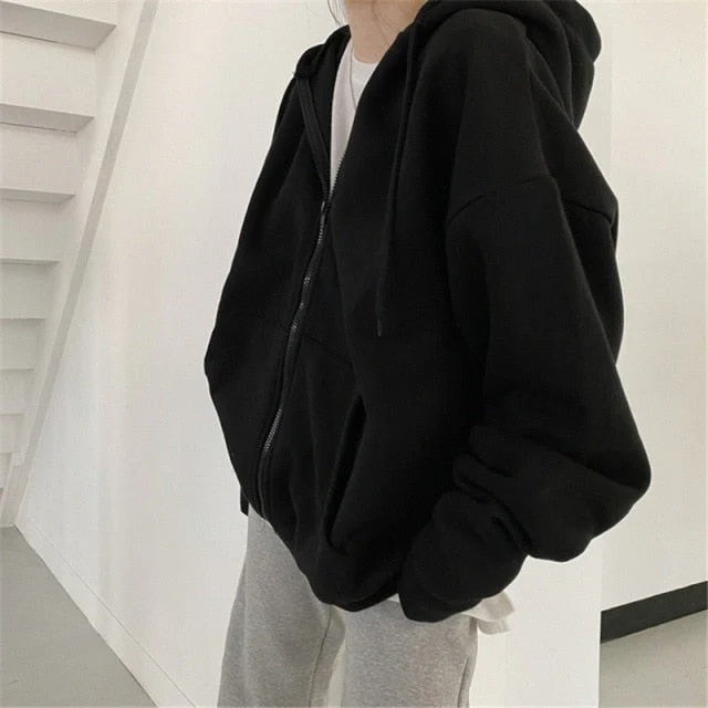Women Korean Version Loose Hoodies Long Sleeve Zip Up Solid Pocket Oversized Sweatshirts Female Thin Harajuku Hooded Coat Top - Deanwangkt