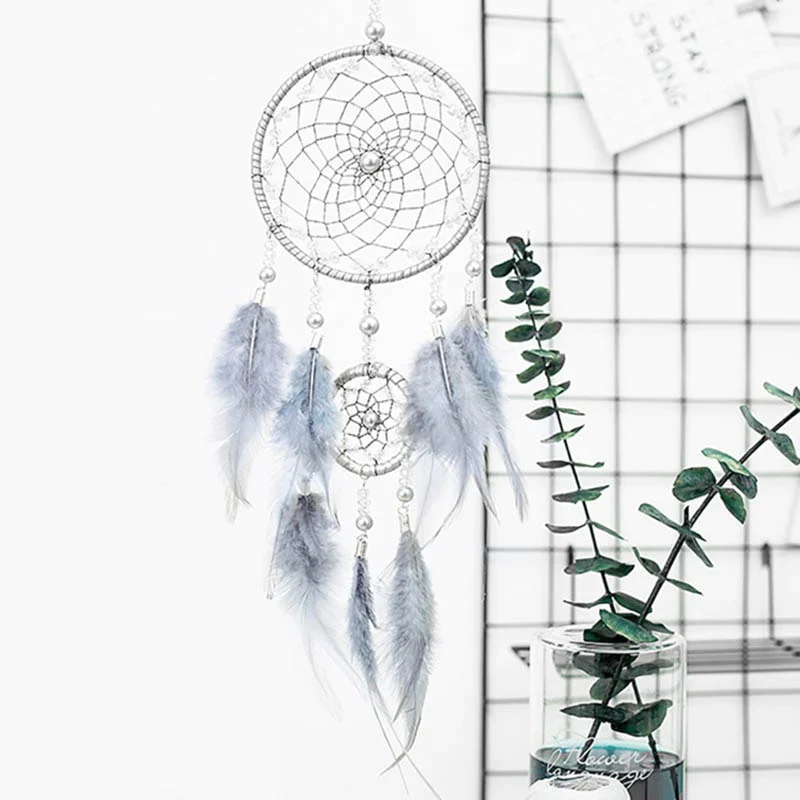 HULIANFU Original silver gray dream catcher 2 ring Indian feather hanging art gifts to bestie friends creative valentine's day gifts - Deanwangkt