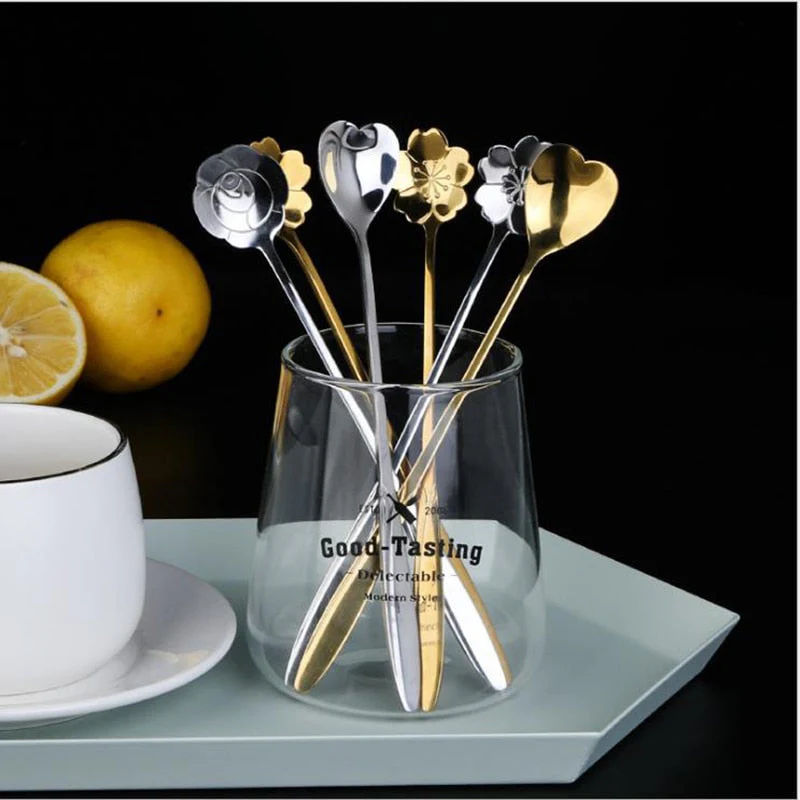 HULIANFU Tea Coffee Mixing Spoon Gold Spoon Long Handle Dessert Stainless Steel Vintage Teaspoons Drink Tableware Flowers Design 1PCS - Deanwangkt