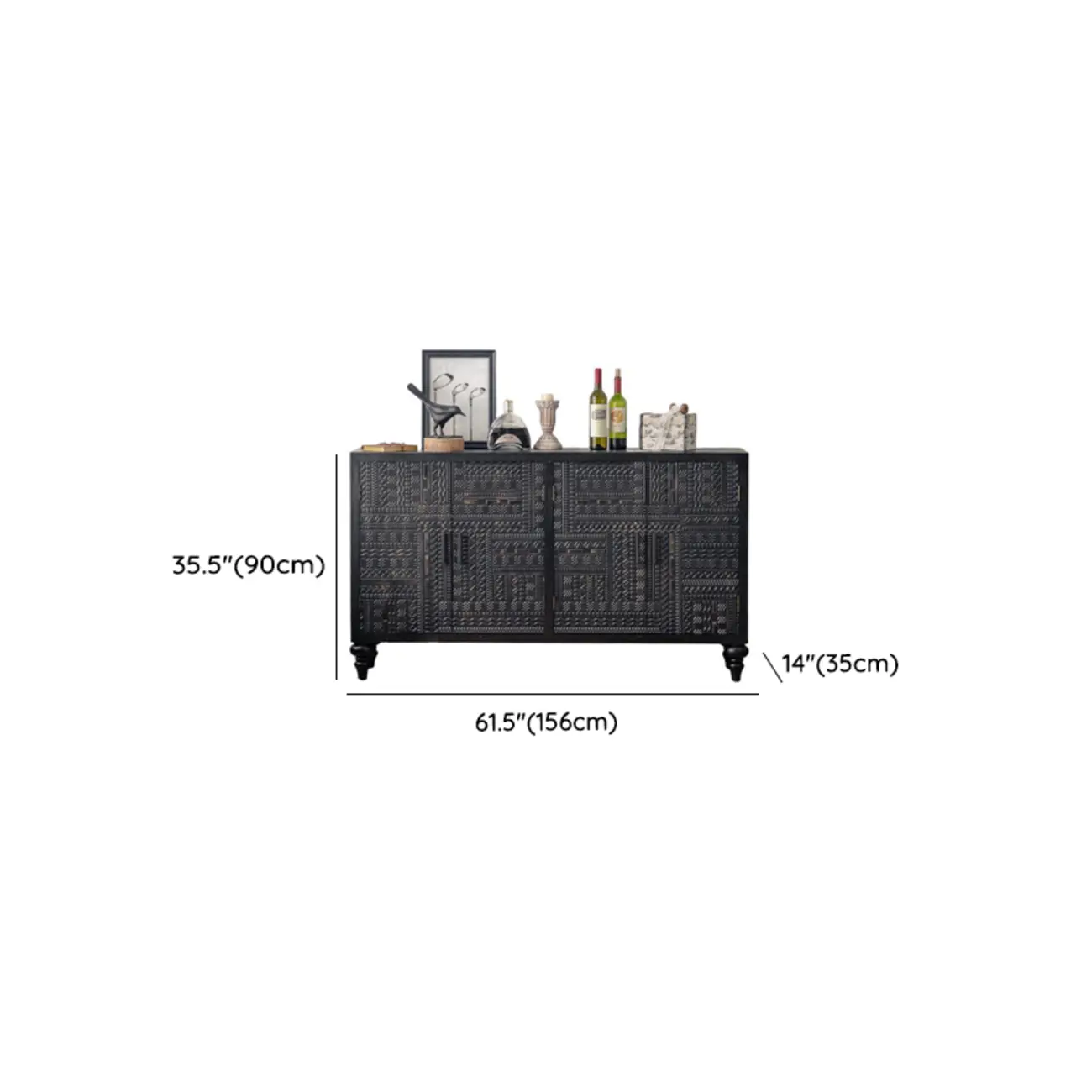 Artistic Pattern Wood Black Cabinet Sideboard in 3-Shelf