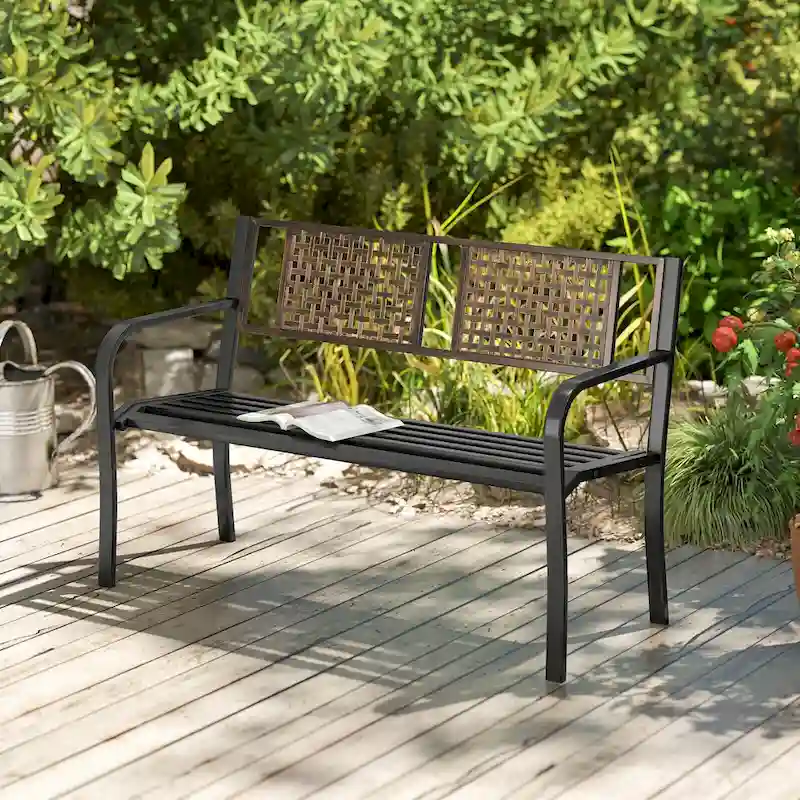 Costway 50  Outdoor Metal Park Bench with Rattan-Like Backrest & - See Details