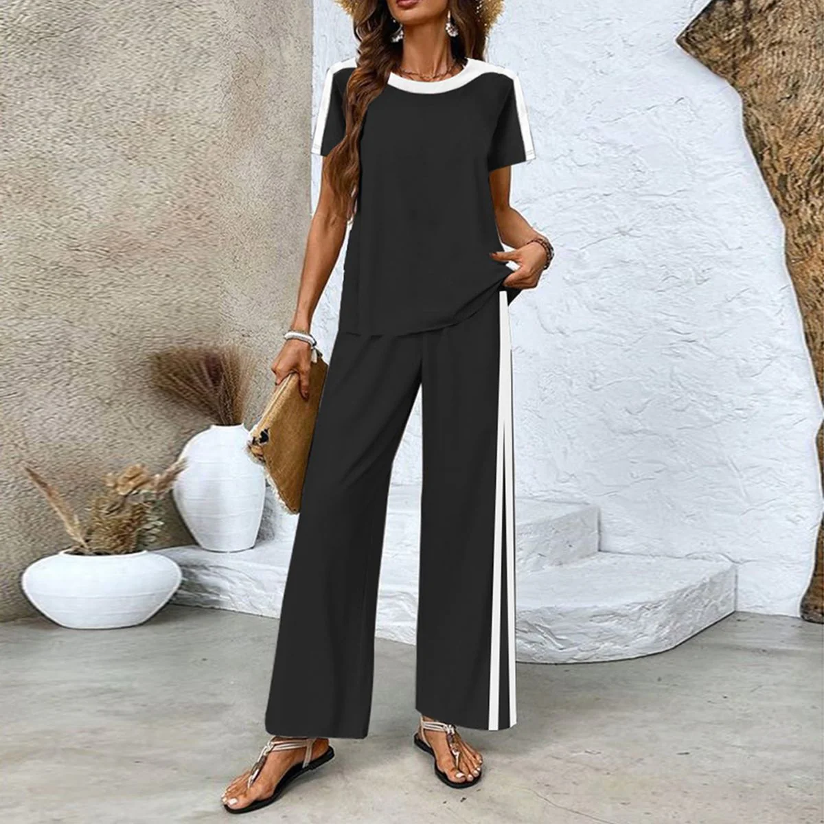 Black and White Short Sleeve Two Piece Set